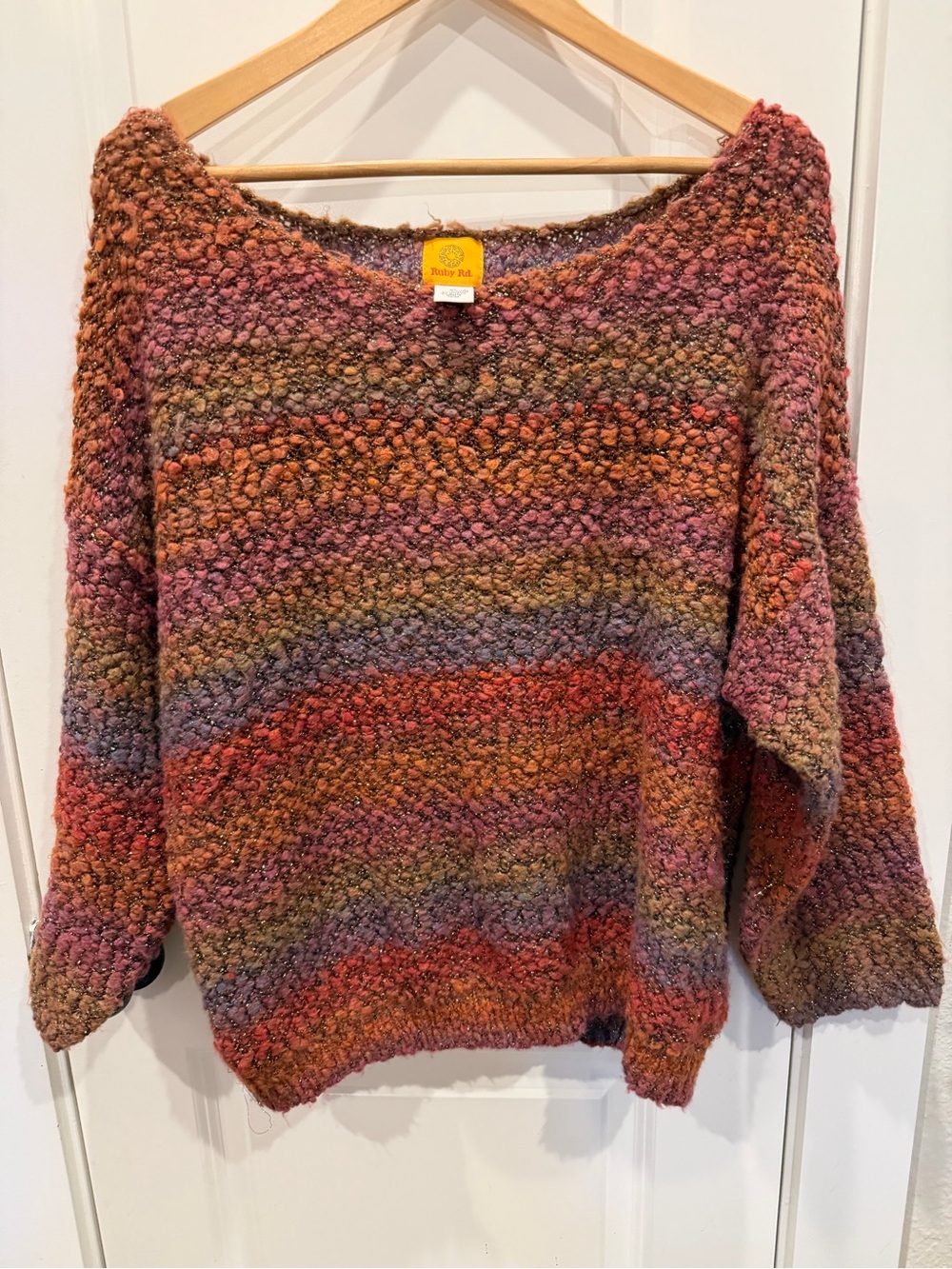Ruby Rd. Multicolor Bouclé Off-Shoulder Sweater in Rust, Plum & Olive